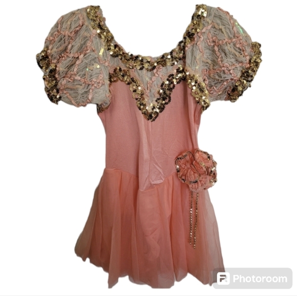 Couture Pageant Gold Peach  Sequined Lace Dance Dress Size Medium Girls - Picture 1 of 11